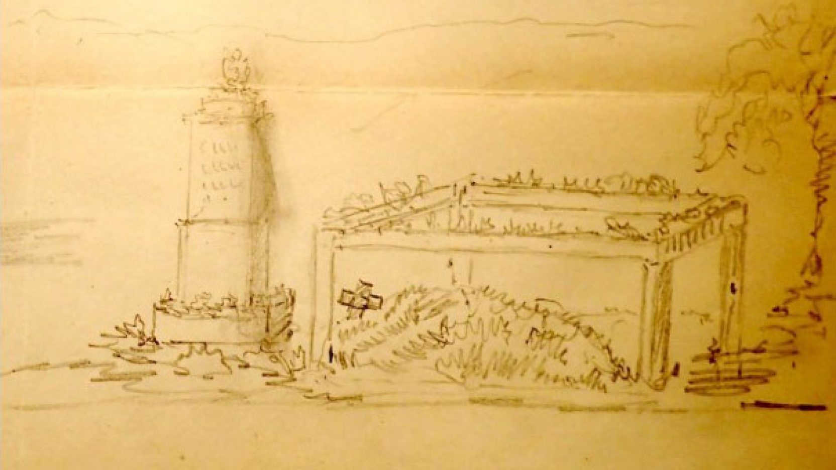 Vay Miklós rajzának részlete: A Kazinczy-mauzóleum és sír, 1870.